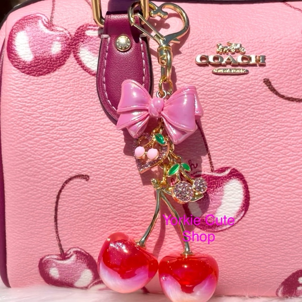 New Handmade Pink Bow and Iridescent Cherry Charm for Purse/ Bag/ Keychain